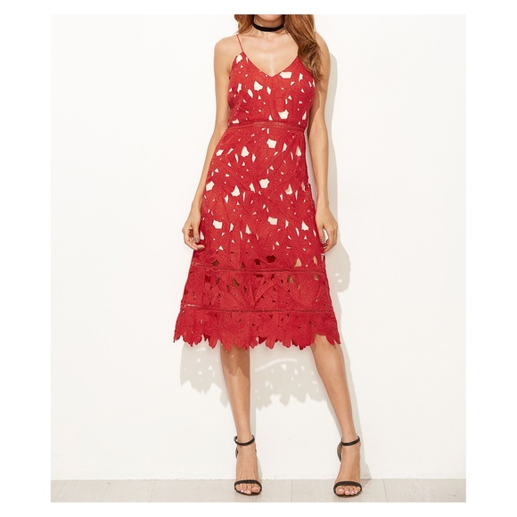 Red Crochet Lace Spaghetti Straps A-Line Dress - Picture 2 of 8